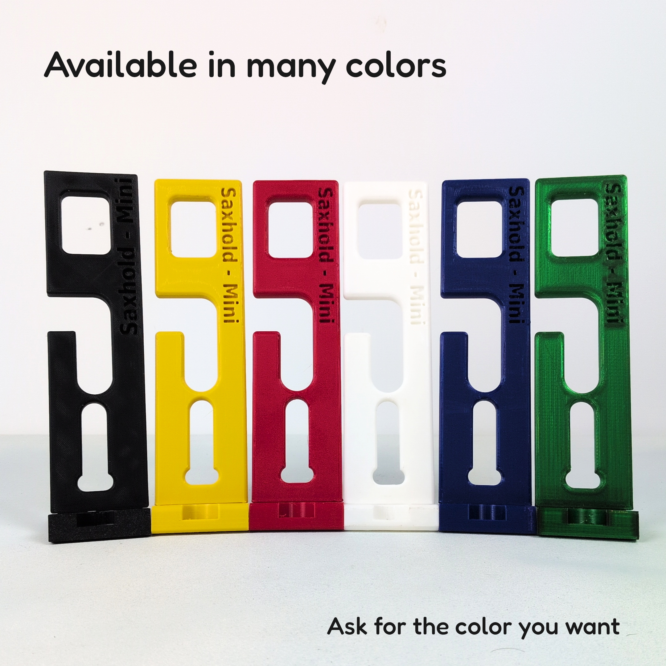 Odisei Music Travel Sax 2 electronic saxophone on Saxhold Mini portable PETG stands in three colours