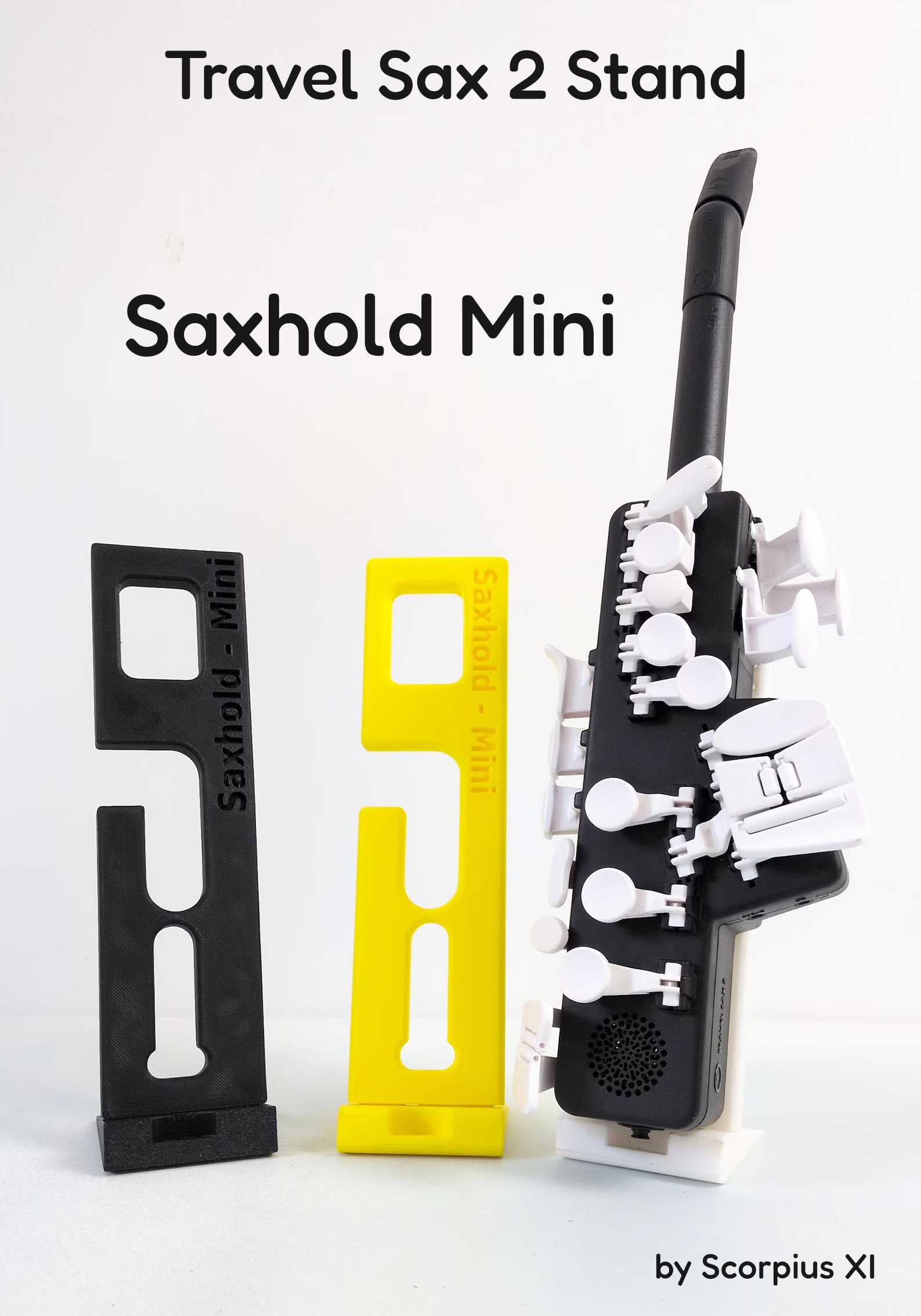 Odisei Music Travel Sax 2 electronic saxophone on Saxhold Mini portable PETG stands in three colours